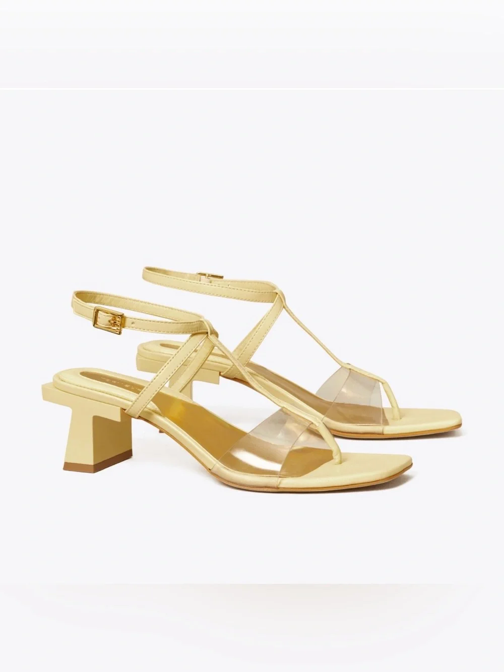 Tory Burch Block T strappy sandals in butter yellow with PVC straps, 9.5. EUC.